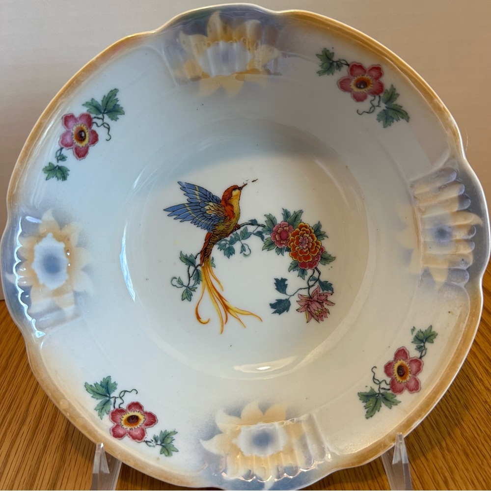 Vintage Schwarzenhammer Bavaria Hummingbird Serving Bowl Luster Ware Rim‎ 9"
